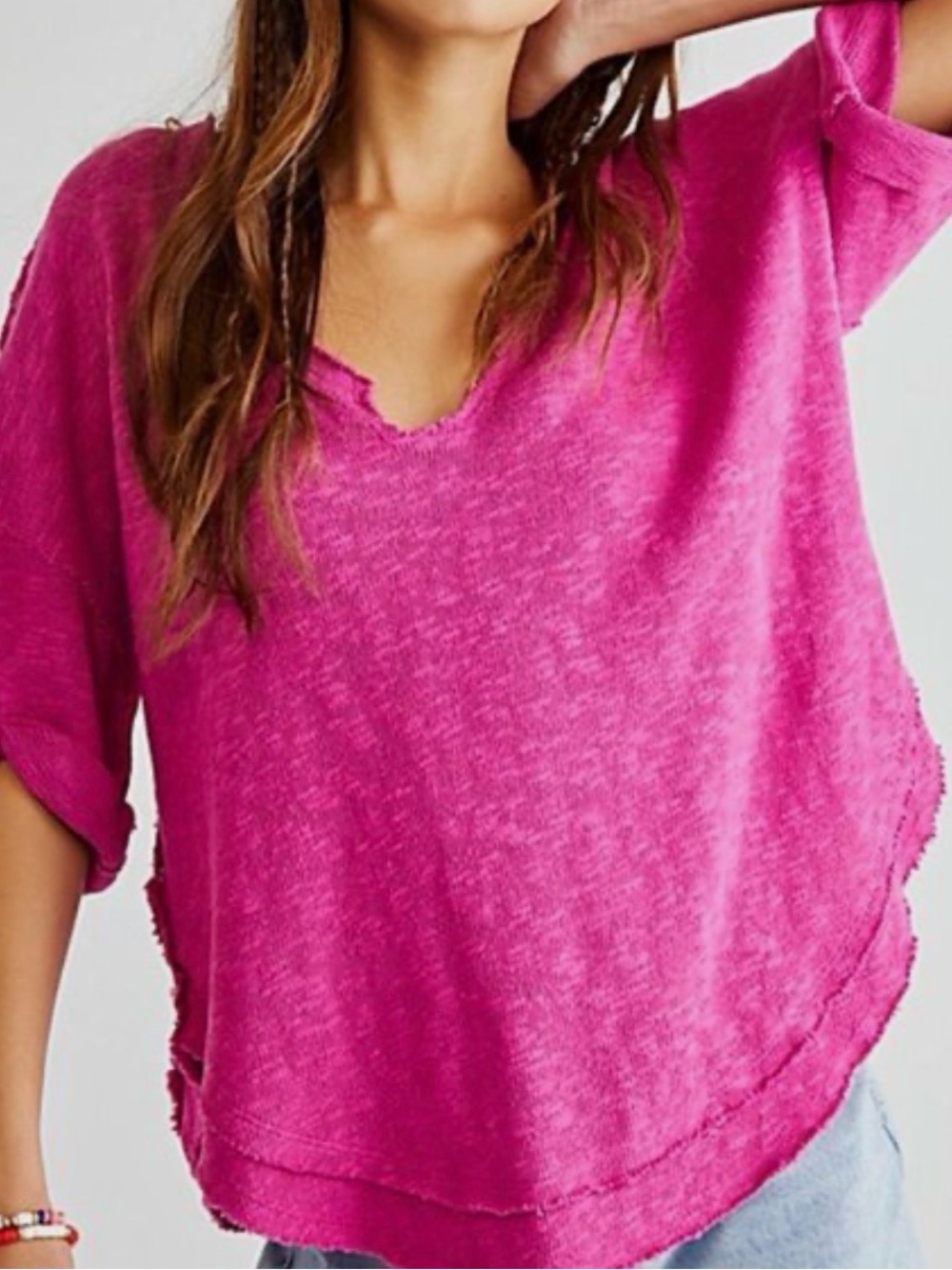 Free People Distressed Hot Pink Tee
